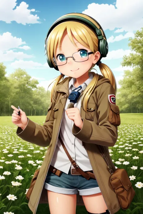 1girl, Riko(masterpiece, best quality, very detailed, sharp focus:1.0), full body, jacket, helmet, lamp, shorts, twintails, whistle, glasses, thighhighs, boots, colorful