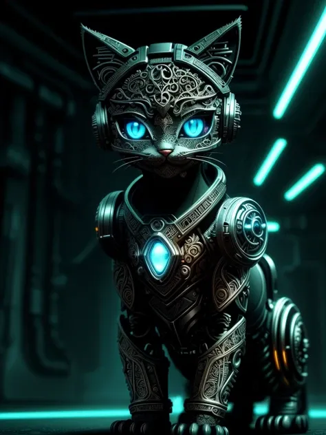 a cute kitten made out of metal, cyborg, cyberpunk style, ((intricate details)), hdr, ((intricate details, hyperdetailed)), cinematic shot, vignette