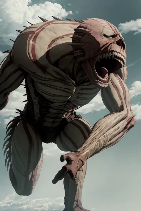 colossal titan\(Shingeki no Kyojin\), cinematic shot, with its huge and sharp teeth, anime, hd, attack on titan;
eren yeager 3d maneuver gear, action angle, attacking the titan head midair, 8k, 4k, (highres:1.1), best quality;