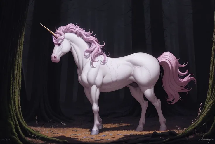 vibrant unicorn standing in a dark rainy forest, high contrast, very coherent, cinematic, hyper realism, high detail, octane render, unreal engine, 8k, vibrant colors, Smooth gradients, High contrast, depth of field, full body character drawing, clean ink detailed line work, intricate detail, extremely detailed, by Ayami Kojima, Amano, Karol Bak, Greg Hildebrandt, and Mark Brooks.