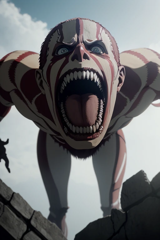 super closeup shot of colossal titan\(Shingeki no Kyojin\), cinematic high angle shot from above, with its huge and sharp teeth, anime, hd, attack on titan;, 8k, 4k, (highres:1.1), best quality;