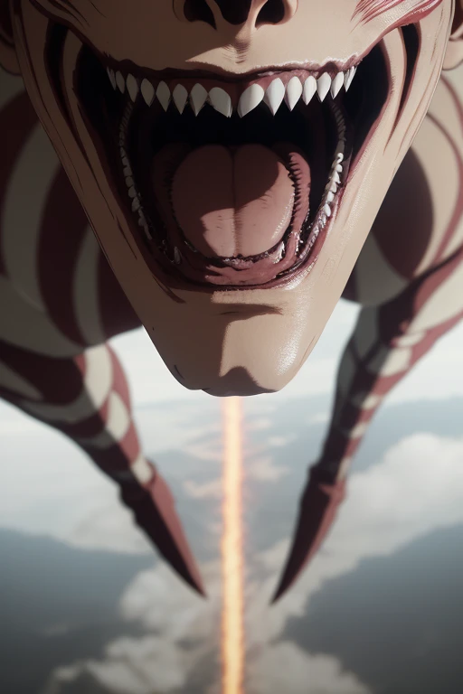 super closeup shot of colossal titan\(Shingeki no Kyojin\), cinematic high angle shot from above, with its huge and sharp teeth, anime, hd, attack on titan;, 8k, 4k, (highres:1.1), best quality;
