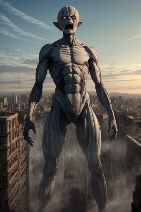 attack titan\(Shingeki no Kyojin\), gollum as a titan, attack on titan, as an ugly titan, attack on titan, shingeki no kyojin, film still, wide open city, cinematic, dramatic, still frame, promotional image, imax 70 mm footage, 4k uhd render, 8k, low resolution, 8k, 4k, (highres:1.1), best quality;