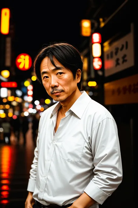 RAW photo, a portrait photo of 50 y.o japanese man in clothes, night tokyo, (high detailed skin:1.2), 8k uhd, dslr, soft lighting, high quality, film grain, Fujifilm XT3
