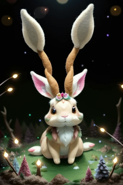beautiful portrait of cute jackalope in the middle of magical forrest at night, magic lights, sparkles, felt, felted, fuzzy, handmade, handcrafted, plushie, doll, diorama, scene, close up, tilt shift, award winning photography, intricate details, insanely detailed, cinematic lighting, sharp focus, 85mm lens, unreal engine, octane render