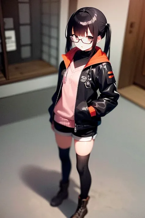 1girl, Riko(masterpiece, best quality, very detailed, sharp focus:1.0), full body, jacket, helmet, lamp, shorts, twintails, whistle, glasses, thighhighs, boots, colorful