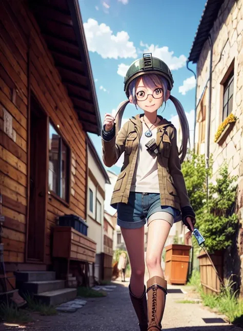 1girl, Riko(masterpiece, best quality, very detailed, sharp focus:1.0), full body, jacket, helmet, lamp, shorts, twintails, whistle, glasses, thighhighs, boots, colorful