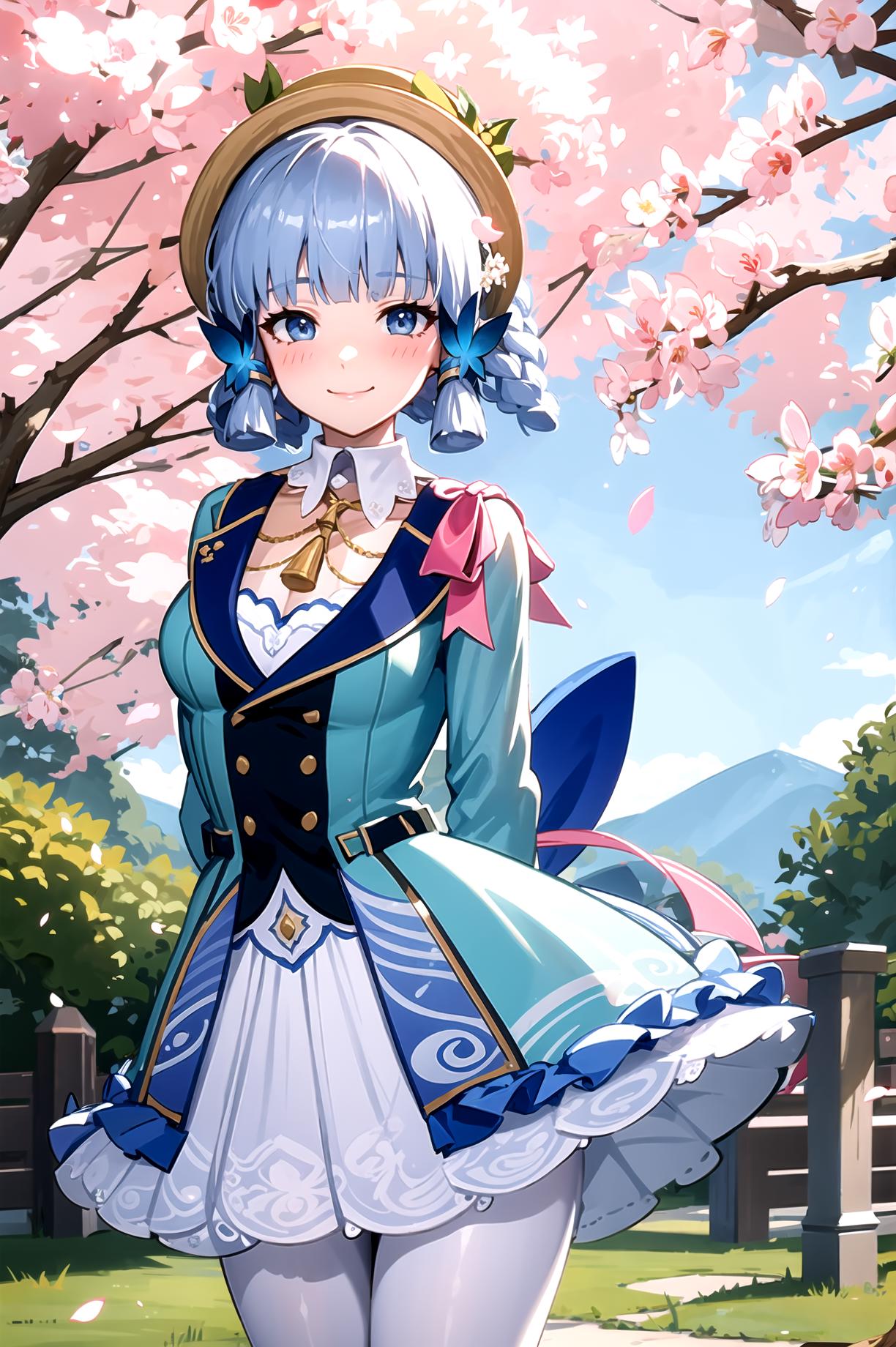 Anime girl in a blue dress and hat standing in front of a tree - SeaArt AI