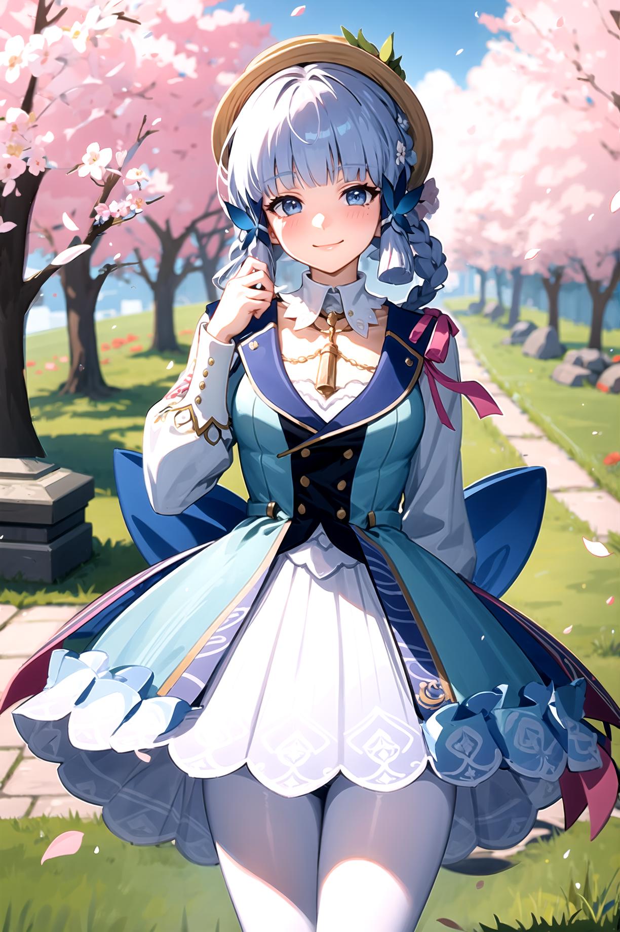 A woman in a blue dress and hat standing in a park - SeaArt AI