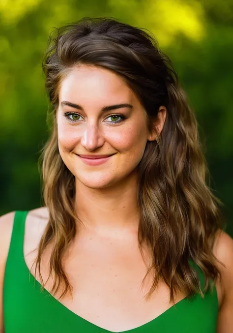 shailene woodley, (sharp focus:1.2), portrait, attractive young woman, (beautiful face:1.1), detailed eyes, luscious lips, (eye makeup:1.2), body freckles, (large breasts:1.0), (tight body:1.2), (redhair:1.2), wearing (green dress:1.2) at (the park:1.2). (evening lighting:1.2), depth of field, bokeh, 4K, HDR. by (James C. Christensen:1.2|Jeremy Lipking:1.1).