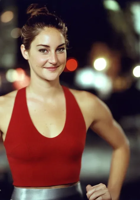 shailene woodley, (sharp focus:1.2), photo, attractive young woman, (beautiful face:1.1), detailed eyes, luscious lips, (natural makeup:1.2), (fit body:1.2), (red hair:1.2), wearing (miniskirt:1.2) on a (busy street corner:1.2) at (night:1.2). (city lighting:1.2), depth of field, bokeh, 4K, HDR. by (Garry Winogrand:1.2|Bruce Gilden:1.1)