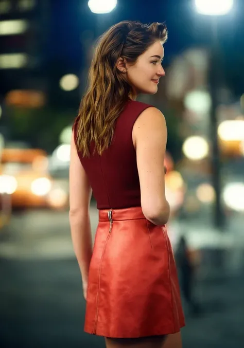 shailene woodley, (sharp focus:1.2), photo, attractive young woman, (beautiful face:1.1), detailed eyes, luscious lips, (natural makeup:1.2), (fit body:1.2), (red hair:1.2), wearing (miniskirt:1.2) on a (busy street corner:1.2) at (night:1.2). (city lighting:1.2), depth of field, bokeh, 4K, HDR. by (Garry Winogrand:1.2|Bruce Gilden:1.1)