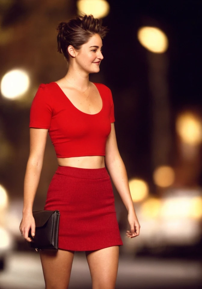 shailene woodley, (sharp focus:1.2), photo, attractive young woman, (beautiful face:1.1), detailed eyes, luscious lips, (natural makeup:1.2), (fit body:1.2), (red hair:1.2), wearing (miniskirt:1.2) on a (busy street corner:1.2) at (night:1.2). (city lighting:1.2), depth of field, bokeh, 4K, HDR. by (Garry Winogrand:1.2|Bruce Gilden:1.1)