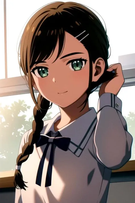 masterpiece, highres, 1girl, upperbody, <lora:NeiruAonumaR4:0.7>,NeiruAonumaR4,dark skin, green eyes, braid,school uniform