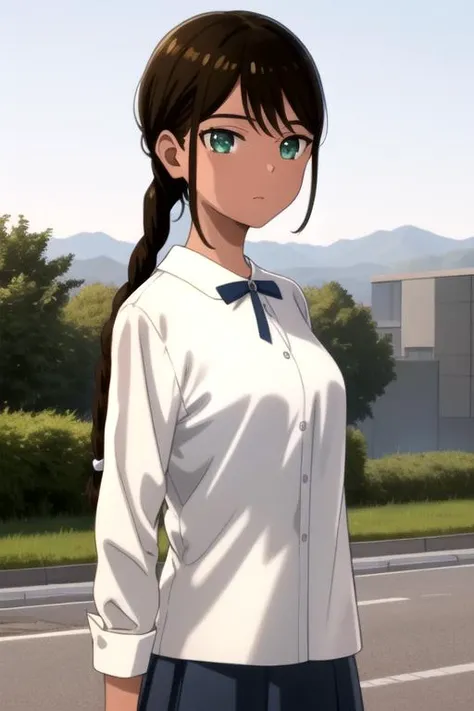 masterpiece, highres, 1girl, upperbody, <lora:NeiruAonumaR4:0.7>,NeiruAonumaR4,dark skin, green eyes, braid,white shirt, blue skirt