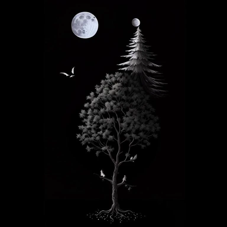 INIT_PROMPT tree with birds , moonlight , full moon, picasso. C++ARAVAGGIO_EMB_endprompt