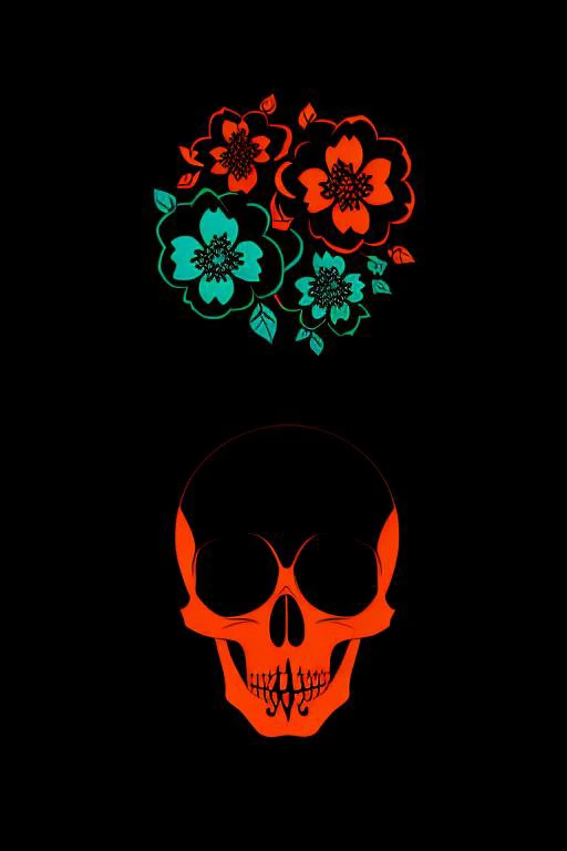 INIT_PROMPT Vector flat flyer, flyer flat vector 2d image of a skull surrounded by ornamental elements such as mates, flowers, garlands of lights and native plants, colors orange, turquoise and black. C++ARAVAGGIO_endprompt