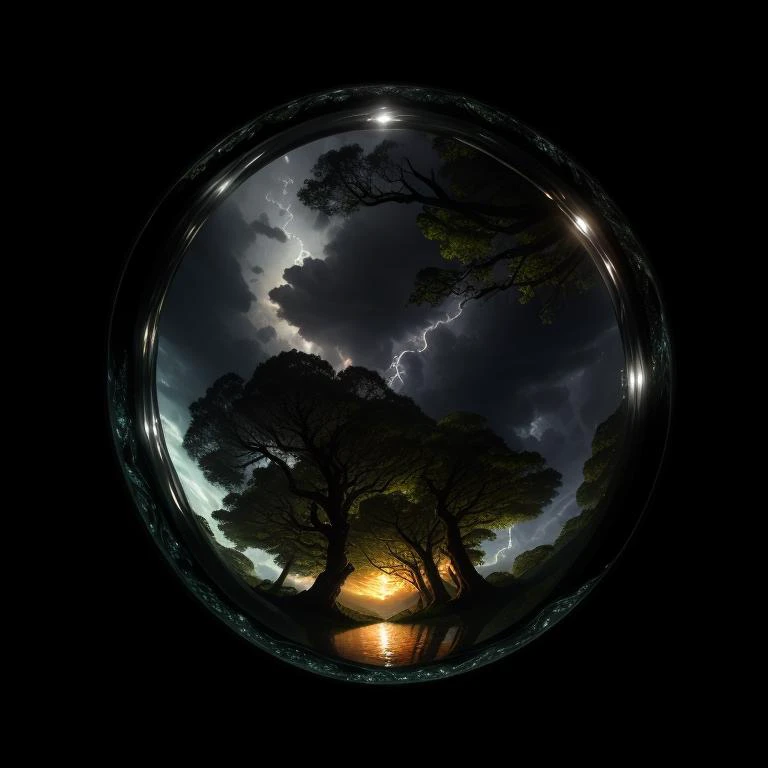 INIT_PROMPT View of a giant tree, inside a glass bottle with water in a forest. Spectacular thunderous sky at sunset in the center, a close-up, ecology theme, great definition and detail, 8k quality. C++ARAVAGGIO_endprompt