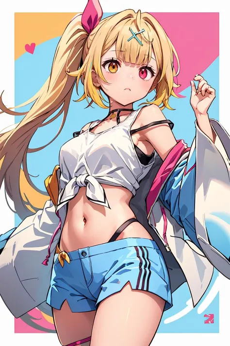 (masterpiece, best quality), 1girl,    <lora:hoshikawasara:0.8>  hoshikawasaraNS, 1girl, solo, long hair, hair ornament, long sleeves, navel, bare shoulders, hair ribbon,wide sleeves, side ponytail,crop top,sleeveless shirt,thigh strap, heterochromia, highleg,  x hair ornament, front-tie top, strap slip, blue shorts,jacket,open jacket,