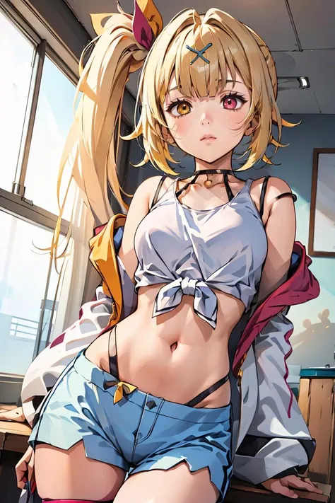 (masterpiece, best quality), 1girl,    <lora:hoshikawasara:0.8>  hoshikawasaraNS, 1girl, solo, long hair, hair ornament, long sleeves, navel, bare shoulders, hair ribbon,wide sleeves, side ponytail,crop top,sleeveless shirt,thigh strap, heterochromia, highleg,  x hair ornament, front-tie top, strap slip, blue shorts,jacket,open jacket,