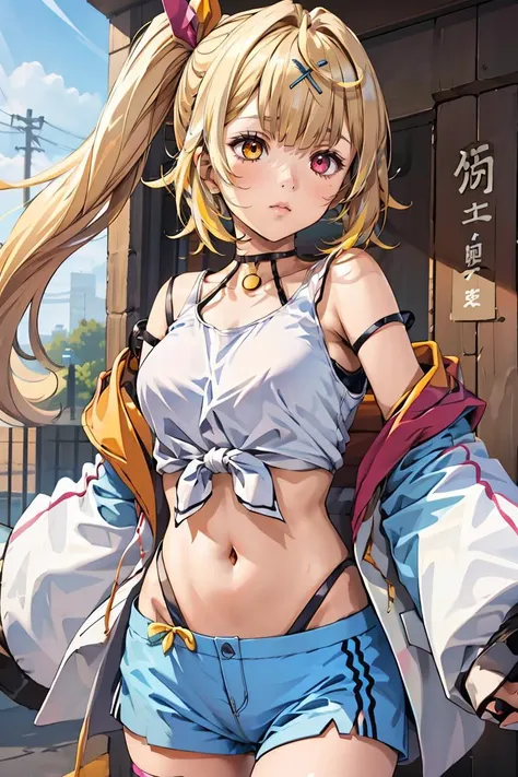 (masterpiece, best quality), 1girl,    <lora:hoshikawasara:0.8>  hoshikawasaraNS, 1girl, solo, long hair, hair ornament, long sleeves, navel, bare shoulders, hair ribbon,wide sleeves, side ponytail,crop top,sleeveless shirt,thigh strap, heterochromia, highleg,  x hair ornament, front-tie top, strap slip, blue shorts,jacket,open jacket,