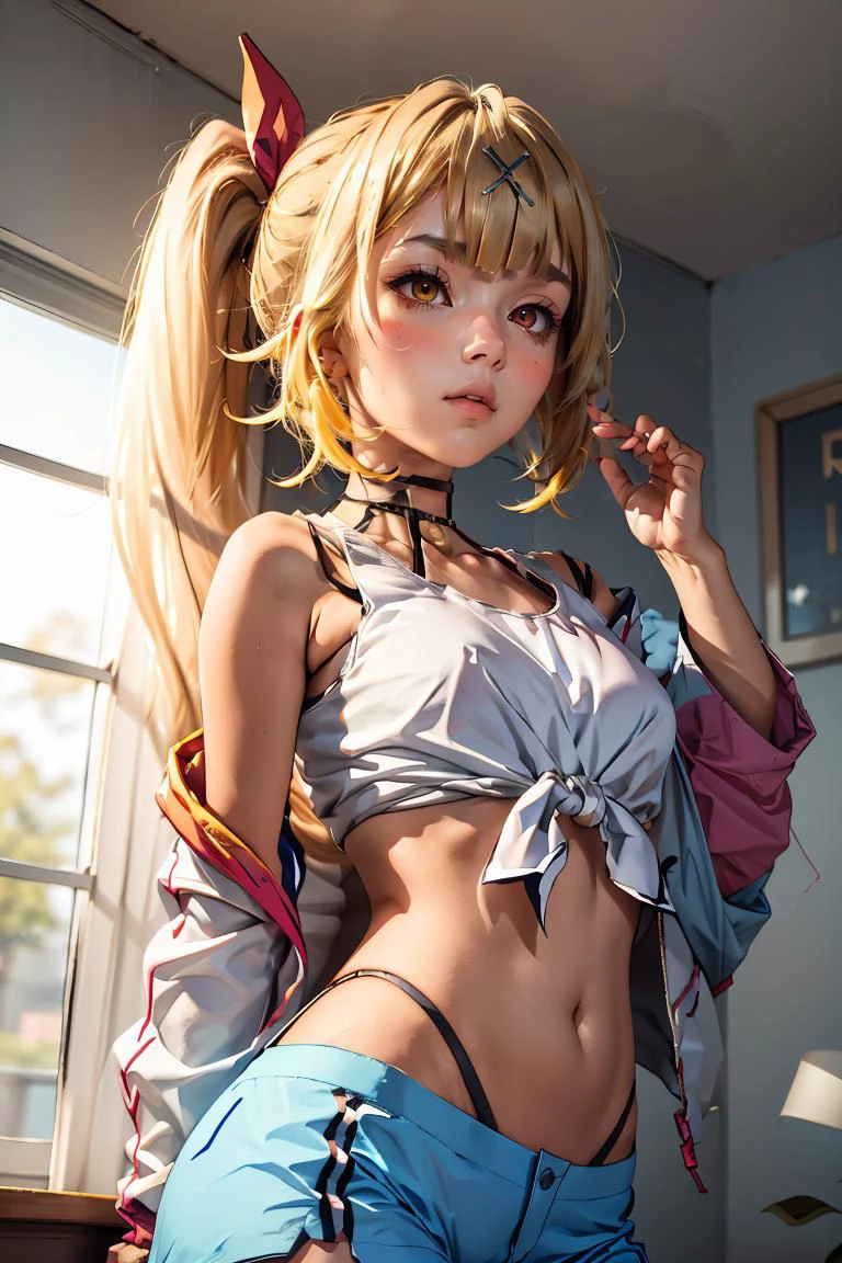(masterpiece, best quality), 1girl, <lora:hoshikawasara:0.8> hoshikawasaraNS, 1girl, solo, long hair, hair ornament, long sleeves, navel, bare shoulders, hair ribbon,wide sleeves, side ponytail,crop top,sleeveless shirt,thigh strap, heterochromia, highleg, x hair ornament, front-tie top, strap slip, blue shorts,jacket,open jacket,