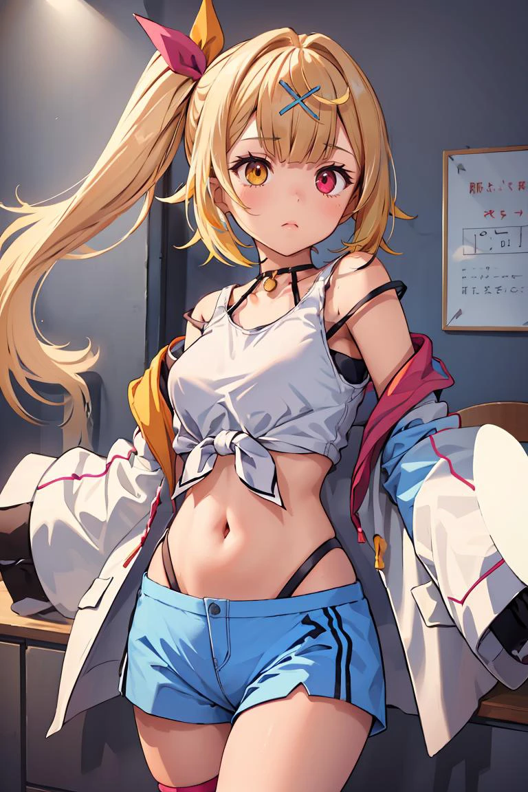 (masterpiece, best quality), 1girl, <lora:hoshikawasara:0.8> hoshikawasaraNS, 1girl, solo, long hair, hair ornament, long sleeves, navel, bare shoulders, hair ribbon,wide sleeves, side ponytail,crop top,sleeveless shirt,thigh strap, heterochromia, highleg, x hair ornament, front-tie top, strap slip, blue shorts,jacket,open jacket,