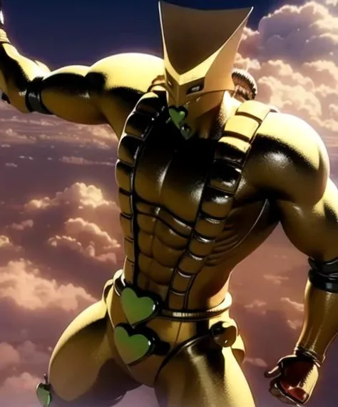 theworldjojo, clouds, realism, hd rendering, 3d, (masterpiece, best quality:1.2), male focus, solo, anime, fist, closed hand, punch, hires, reflections, sun, <lora:theworldjojo:0.89>