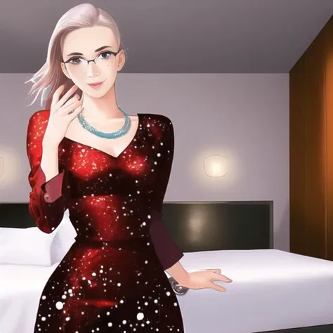 1girl, (realistic), highest quality, photo, (Full-body:1.2),(detailed face, detailed eyes), dynamic details, freckles:0.9,(medium breasts), silver hair, messy hair, dynamic, bedroom, bangs, ponytail, key necklace, glasses
