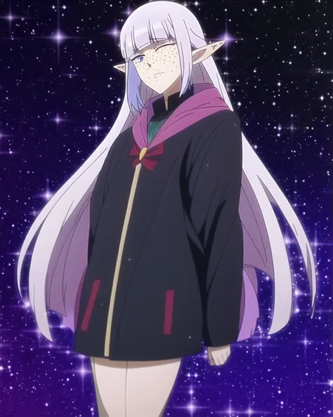 anime style, solo, 1girl, official art, (Flirty pose:0.95238), sharingan, Ella Freya, fullbody, Silver haired emo,(Dragon Girl:0.95238), elf ears, freckles, heterochromia, inked lines, outline, expressive, sleeveless jacket, kitsune mask, black hair with long silver ponytail, dynamic galaxy background, art by Komatsuzaki Rui