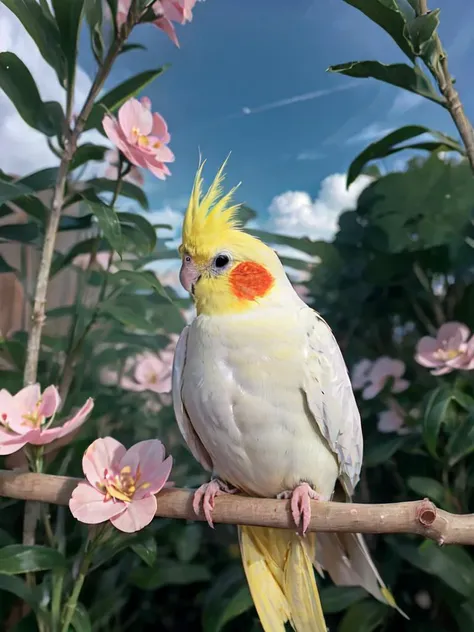 (masterpiece), extremely intricate, illustration, colorful, best quality, 8K, HDR, best composition, sharp focus, dramatic, award winning, cinematic lighting, Lutino cockatiel, <lora:Lutino_cockatiel:0.8>, ((chibi, fat)), on branch, blossom, surrounding by ((pink flowers)), garden, sky, Style-Japan, outdoors