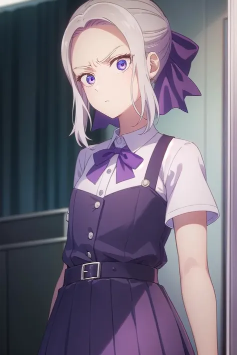 shinokiryuu, <lora:shino kiryuu s2-lora-nochekaiser:1>,
shino kiryuu, (purple eyes:1.1), white hair, hair bow, purple ribbon, frown, angry, (flat chest:1.2),
BREAK skirt, shirt, bow, school uniform, white shirt, short sleeves, pleated skirt, bowtie, blue skirt,
BREAK indoors, classroom,
BREAK looking at viewer, (cowboy shot:1.5),
BREAK <lyco:GoodHands-beta2:1>, (masterpiece:1.2), best quality, high resolution, unity 8k wallpaper, (illustration:0.8), (beautiful detailed eyes:1.6), extremely detailed face, perfect lighting, extremely detailed CG, (perfect hands, perfect anatomy),