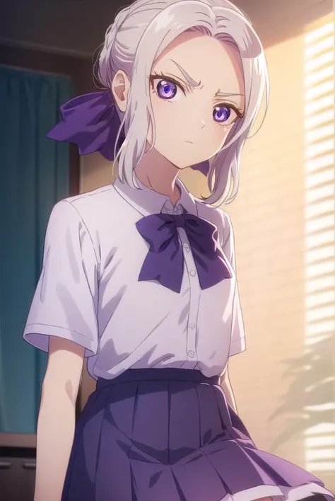 shinokiryuu, <lora:shino kiryuu s2-lora-nochekaiser:1>,
shino kiryuu, (purple eyes:1.1), white hair, hair bow, purple ribbon, frown, angry, (flat chest:1.2),
BREAK skirt, shirt, bow, school uniform, white shirt, short sleeves, pleated skirt, bowtie, blue skirt,
BREAK indoors, classroom,
BREAK looking at viewer, (cowboy shot:1.5),
BREAK <lyco:GoodHands-beta2:1>, (masterpiece:1.2), best quality, high resolution, unity 8k wallpaper, (illustration:0.8), (beautiful detailed eyes:1.6), extremely detailed face, perfect lighting, extremely detailed CG, (perfect hands, perfect anatomy),