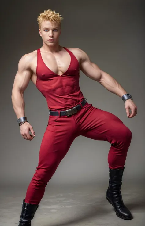 ((best quality)), ((masterpiece)), ((realistic)), (detailed)
<lora:Jacky_Bryant:1>
jackyb,
1boy,
solo,
male focus,
blonde hair,
spiked hair,
uncomb hair,
silver wristbands,
belt,
black boots,
fringe,
blue eyes,
(red top tank,)
red fitted sleeveless shirt,
red fitted pants,