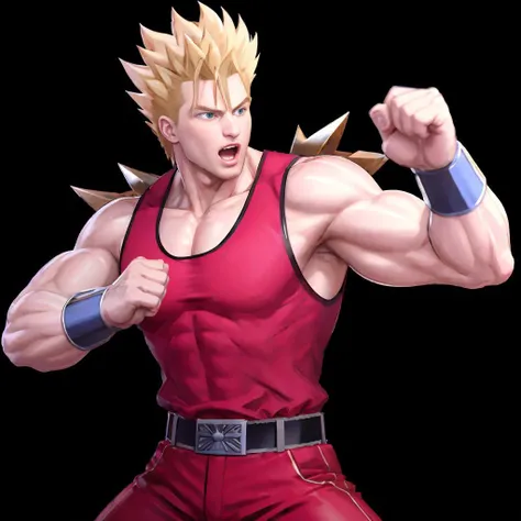 ((best quality)), ((masterpiece)), ((realistic)), (detailed), 
<lora:Jacky_Bryant:0.8> jackyb, 1boy, solo, male focus, blonde hair, spiked hair, uncomb hair, silver wristbands, belt, black boots, fringe, blue eyes, (red top tank,) red fitted sleeveless shirt, red fitted pants,
 mkvspose, vs, (fighting stance), open mouth, medium shot, (facing away), transparent background, (perfil),looking away,  <lora:Mortal_Kombat_VS_pose:0.8>,