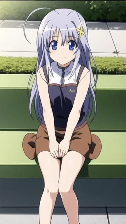 reinforce zwei, 1girl, ahoge, smile,
arms at sides,
tank top, miniskirt,
park, park bench,
<lora:nanoha-strikers-reinforce-zwei:0.8>
