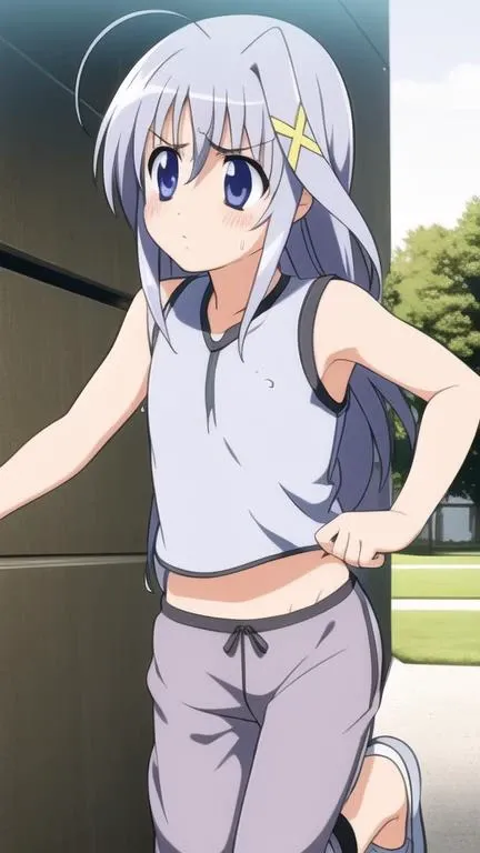 reinforce zwei, 1girl, ahoge, blush,
(running:1.4), tank top, (sweatpants:1.4), sweat,
from side, park, park bench, 
<lora:nanoha-strikers-reinforce-zwei:0.8>