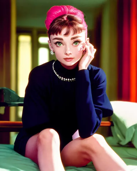 Audrey Hepburn, full shot,  one (23 years old beautiful woman), hair_over_one_eye, pink skin, HotPink hair, separated_legs,  side_slit,  infirmary, clear skin, embellished, delicate, cinematic light, realistic details, sharp focus, detailed skin,clear image, long shot, wide shot, clear image,best quality,  <lyco:Audrey Hepburn:1.1>