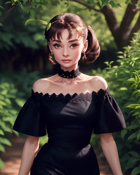 Audrey Hepburn, full shot,  one (23 years old beautiful woman), low_twintails, greenskin, purple_sage_bush hair, walking,  off-shoulder_dress,  nature, clear skin, embellished, delicate, cinematic light, realistic details, sharp focus, detailed skin,clear image, long shot, wide shot, clear image,best quality,  <lyco:Audrey Hepburn:1.0>