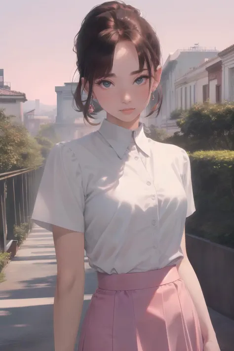 (masterpiece, top quality, best quality, beautiful and aesthetic:1.2), 1girl, solo,  extremely detailed, highest detailed, brown hair,white shirt, pink skirt, blue sky, roma city,
looking at viewer,Audrey Hepburn  <lora:Audrey Hepburn:1.3>