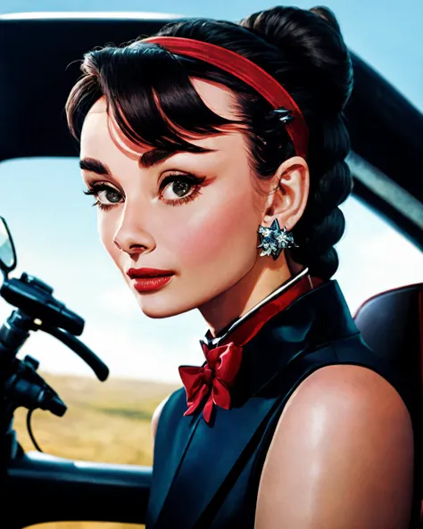 Audrey Hepburn, full shot,  one (23 years old beautiful woman), braided_bun, black skin, valentine_red hair, leaning_against_motorcycle,  headband,  spacecraft_interior, clear skin, embellished, delicate, cinematic light, realistic details, sharp focus, detailed skin,clear image, long shot, wide shot, clear image,best quality,  <lyco:Audrey Hepburn:1.1>