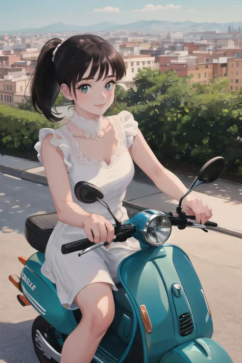 (masterpiece, top quality, best quality, beautiful and aesthetic:1.2), 1girl, solo, smile, extremely detailed, highest detailed, brown hair,white shirt, pink skirt, BREAK, riding green vespa, BREAK, blue sky, roma city,
looking at viewer,Audrey Hepburn  <lora:Audrey Hepburn:1.2> from above,