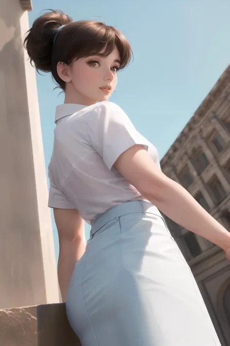 (masterpiece, top quality, best quality, beautiful and aesthetic:1.2), 1girl, solo,  extremely detailed, highest detailed, brown hair,white shirt, blue skirt, blue sky, roma city, roman holiday,
looking at viewer,Audrey Hepburn,  <lora:Audrey Hepburn:1.4> , from below,hepburn hairstyle,  <lora:add_detail:0.3>