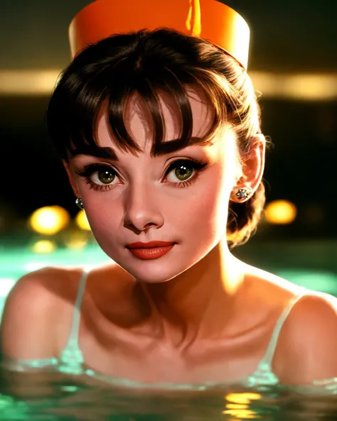 Audrey Hepburn, full shot,  one (23 years old beautiful woman), low_ponytail, orange skin, macaroni_and_cheese hair, straddling,  cowboy_hat,  onsen, clear skin, embellished, delicate, cinematic light, realistic details, sharp focus, detailed skin,clear image, long shot, wide shot, clear image,best quality,  <lyco:Audrey Hepburn:1.1>