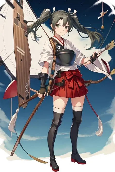 best quality, masterpiece, highres, solo, {zuikaku_kantaicollection:1.15}, long_hair, twintails, ribbon, hair_ribbon, green_hair, green_eyes, smile, white_ribbon, 1girl, bow_\(weapon\), hakama, hakama_short_skirt, hakama_skirt, japanese_clothes, muneate, skirt, weapon, gloves, holding_weapon, tasuki, arrow_\(projectile\), flight_deck, grey_hair, partially_fingerless_gloves, holding, holding_bow_\(weapon\), quiver, yugake, boots, red_hakama, thigh_boots, thighhighs, hair_between_eyes