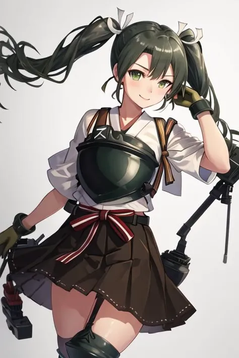 best quality, masterpiece, highres, solo, {zuikaku_kantaicollection:1.15}, long_hair, twintails, ribbon, hair_ribbon, green_hair, green_eyes, smile, white_ribbon