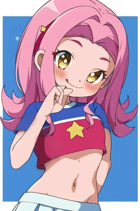 <lora:Mimi_tachikawa:0.8> <lora:digimon_offset:0.6>,(masterpiece_portrait:0.8),upper body, sky_blue,one_eye_closed, tongue, 1girl, (star_(symbol):1), tongue_out, pink_hair, navel, skirt, solo, midriff, crop_top, brown_eyes, shirt, white_skirt, looking_at_viewer, plaid, plaid_background, border, white_border, short_sleeves, smile, star_hair_ornament,(red and blue_shirt), medium_hair, blush, ;p, cropped_shirt, (star symbol shirt:1.2)(five_fingers:0.6)