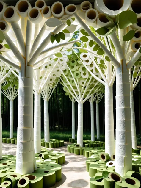 A forest where the trees are made of unfurled ral-toiletpaper, their leaves rustling like whispers in the breeze. ral-toiletpaper <lora:ral-toiletpaper-sdxl:1> <lora:EnvyBetterHiresFixXL01:0:hr=1>