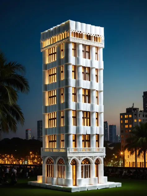 A towering skyscraper constructed entirely of stacked and unrolled ral-toiletpaper, its windows glowing with the city's lights. ral-toiletpaper <lora:ral-toiletpaper-sdxl:1> <lora:EnvyBetterHiresFixXL01:0:hr=1>
