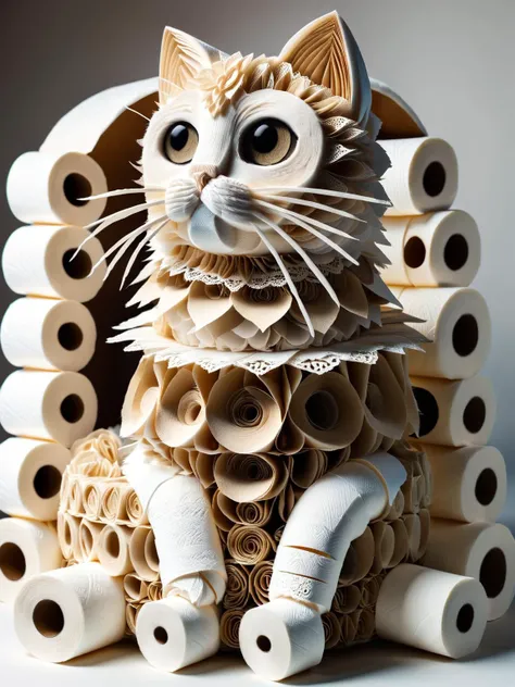 A cat perched on a throne of ral-toiletpaper rolls, surveying its papery kingdom with regal indifference. ral-toiletpaper <lora:ral-toiletpaper-sdxl:1> <lora:EnvyBetterHiresFixXL01:0:hr=1>